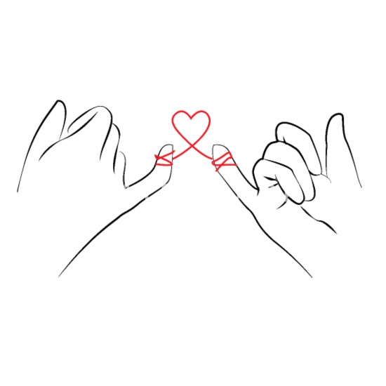 Reimagined Promises-Pinkies with red string attached and the loop is a red heart. Signifying making a promise from love. Sue Ryan Solutions