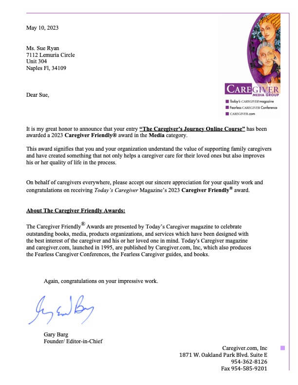 Today's Caregiver- 2023 Caregiver Friendly Award Letter  Ms. Sue Ryan